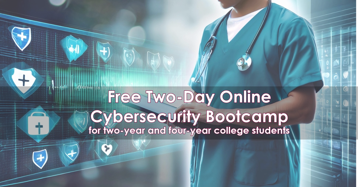 A split-screen image featuring a nurse on the left and a cyber security bootcamp ad on the right.