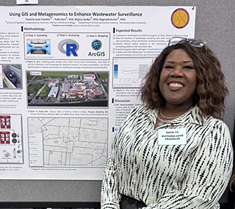 A woman standing in front of a poster board.