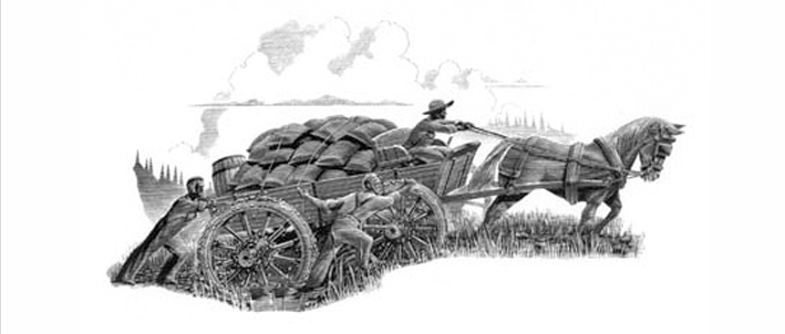 Black and white illustration of a horse-drawn plow.