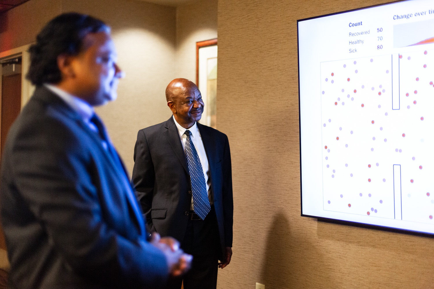Drs. Singhal and Mhlanga with data visualization on screen
