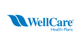Blue and white logo for Wellcare Health Plans.