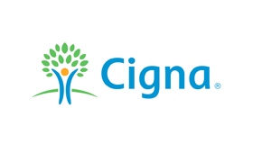 The image is a logo for Cigna, a health insurance company. The logo features a tree with a blue sky background.