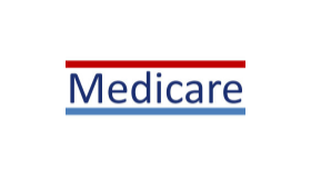 The image is a logo for Medicare, featuring a stylized letter 'M' in red and blue.