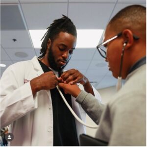 Two photos of a man in a white coat, one with a stethoscope around his neck, examining a patient's hand.