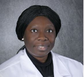 Two photos of a woman in a lab coat.