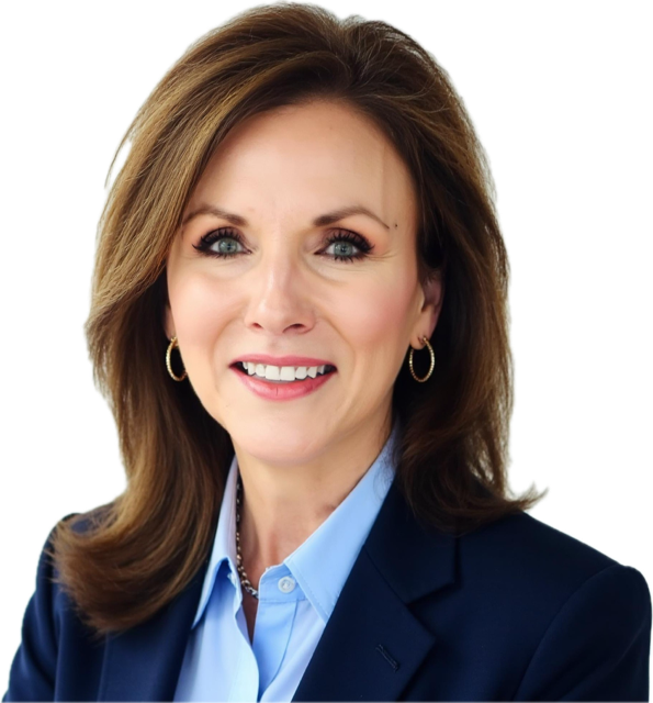 Woman in blue suit, smiling, posing for portrait.