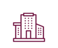 A red building icon on a black background.