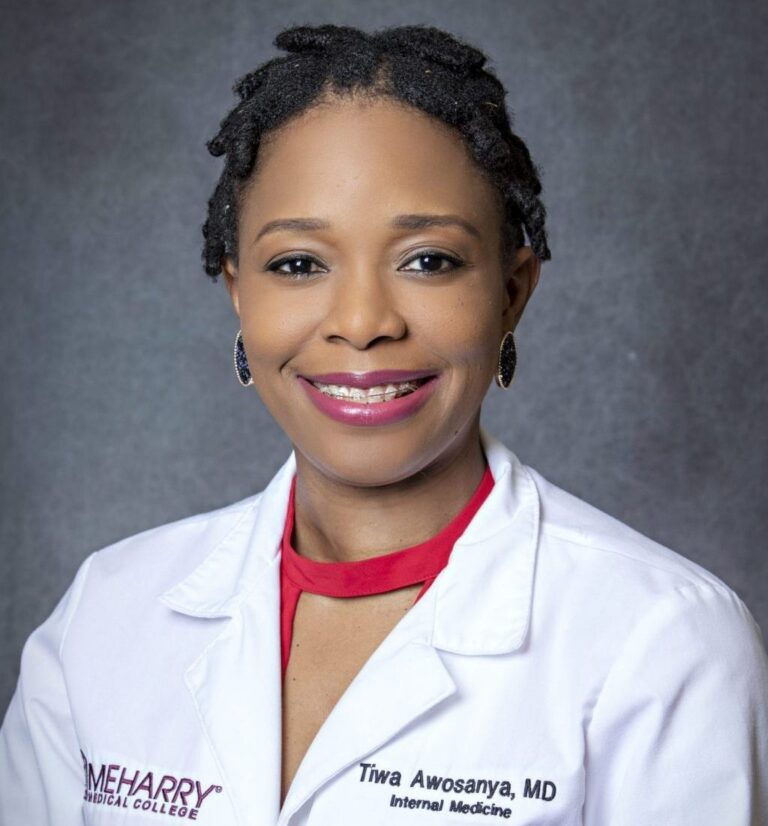 Two photos of a woman in a lab coat, one with a red shirt, the other with a white shirt.