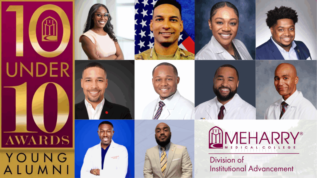 A collage of 10 people, likely professionals, with a banner for the 10th annual young alumni awards.