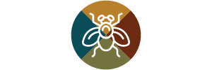 A logo with a circular design and a small bee.