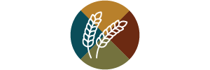 A logo with a wheat stalk and a colorful circular design.