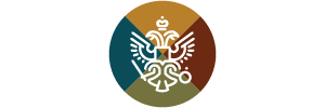 A logo with a circular design and a central emblem, featuring a shield with a bird and a banner.