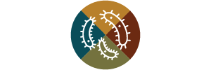 A logo with a circular design and a central emblem.