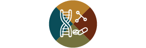 The image is a logo with a circular design, featuring a stylized depiction of a human figure and a DNA double helix.