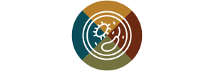 A circular logo with a colorful design in the center.