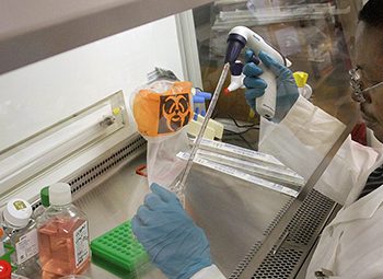 A scientist in a lab coat examining a petri dish.