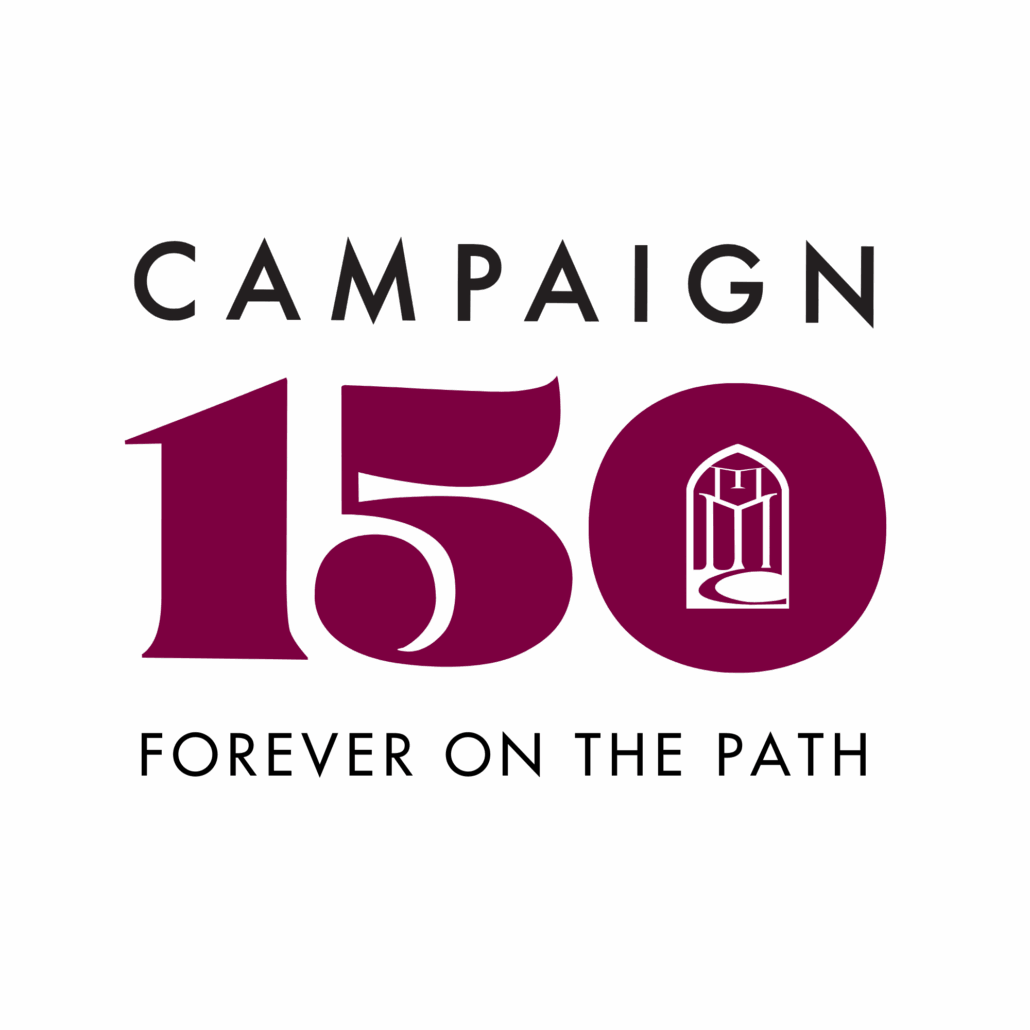 Campaign 150 logo with pink and white text.
