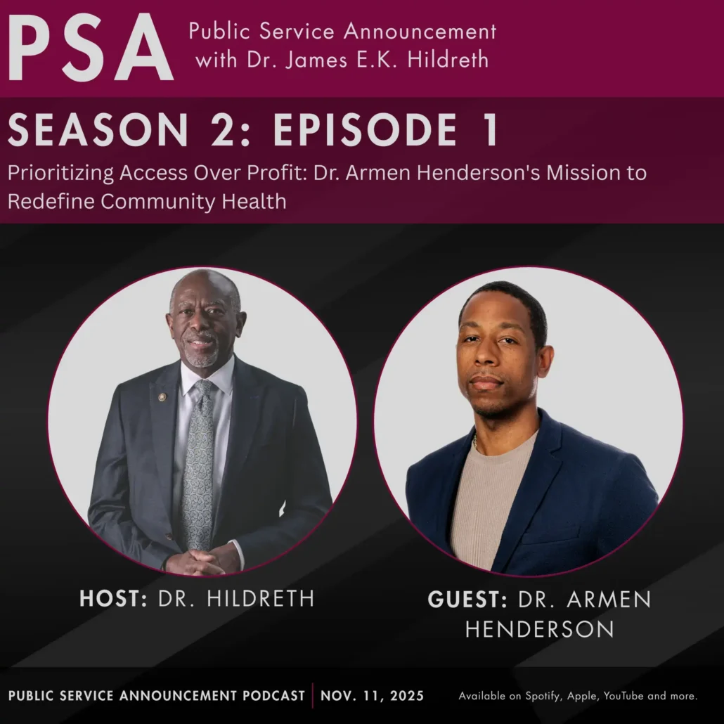 A promotional poster for a podcast episode featuring two men.