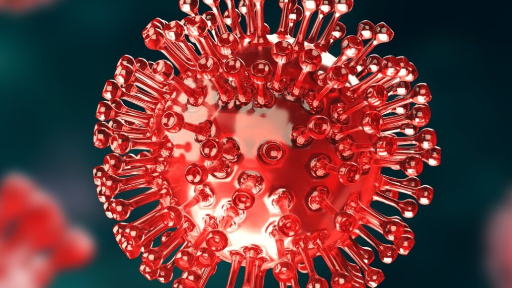 Red and white virus particle with crystalline structure.