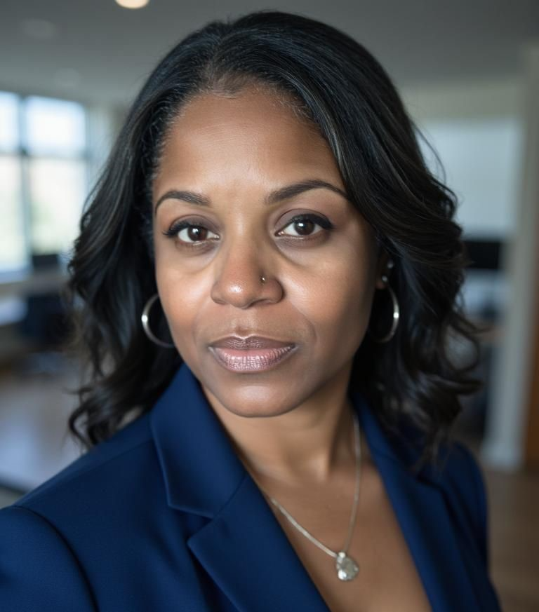 Woman in blue blazer posing for portrait.