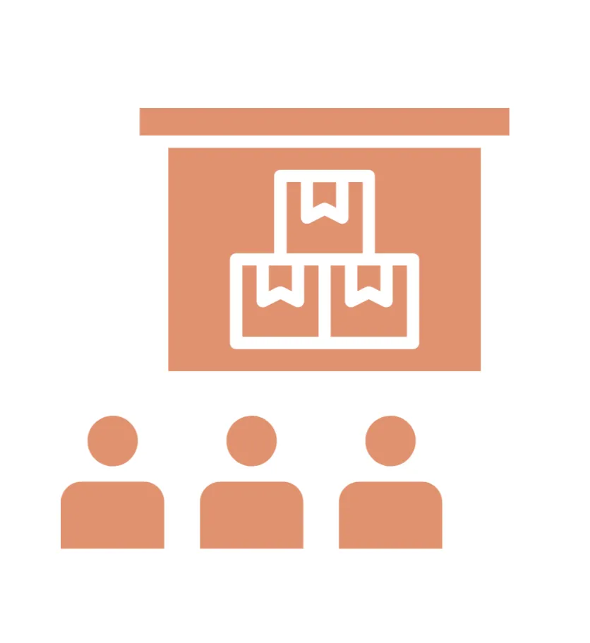 A presentation slide with a whiteboard, boxes of product, and people.