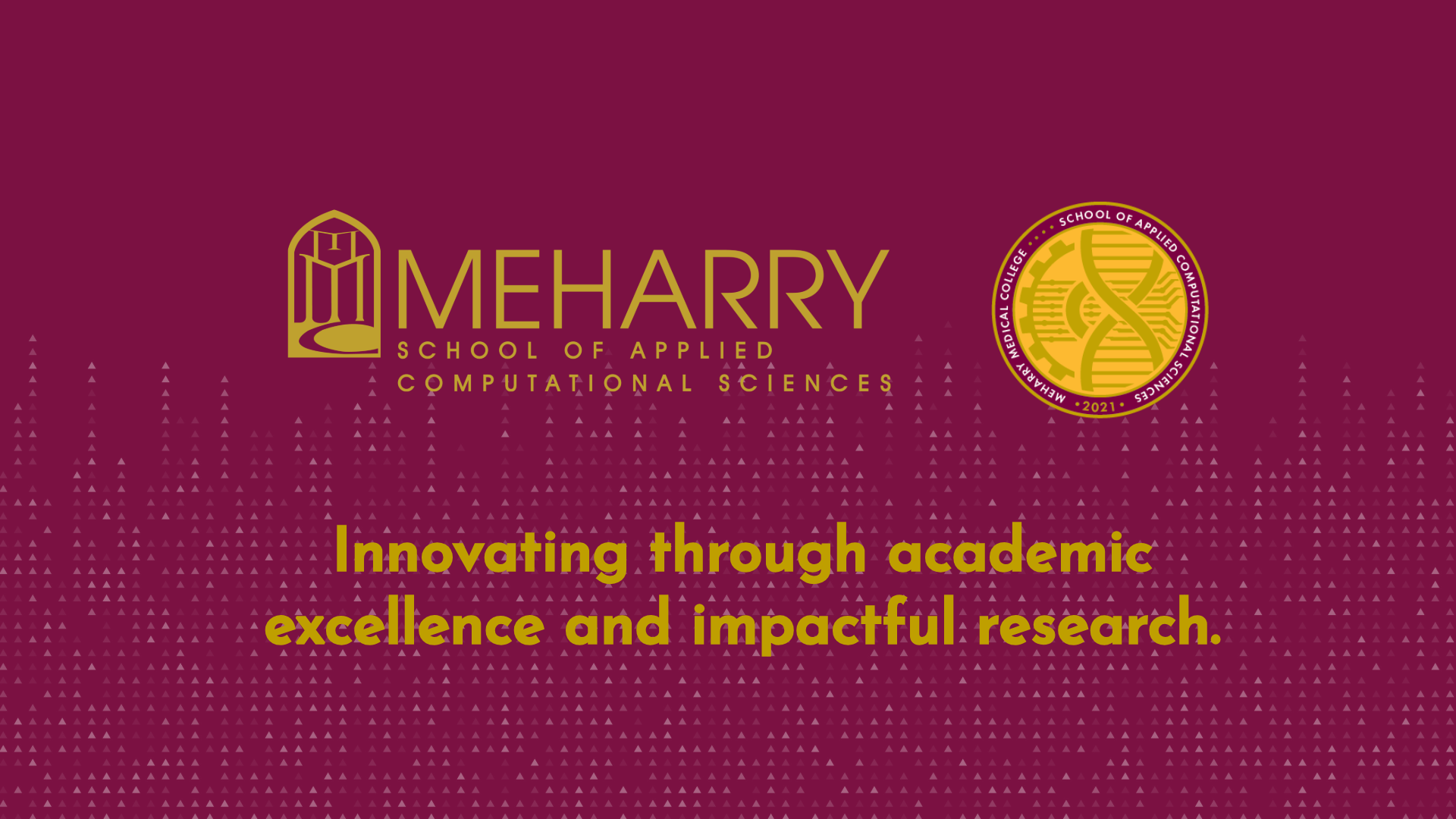 The image is a logo for a company named Meharry, which is involved in computer science and research. The logo features a banner with a digital design and a tagline that reads "Innovating through academic excellence and impactful research.