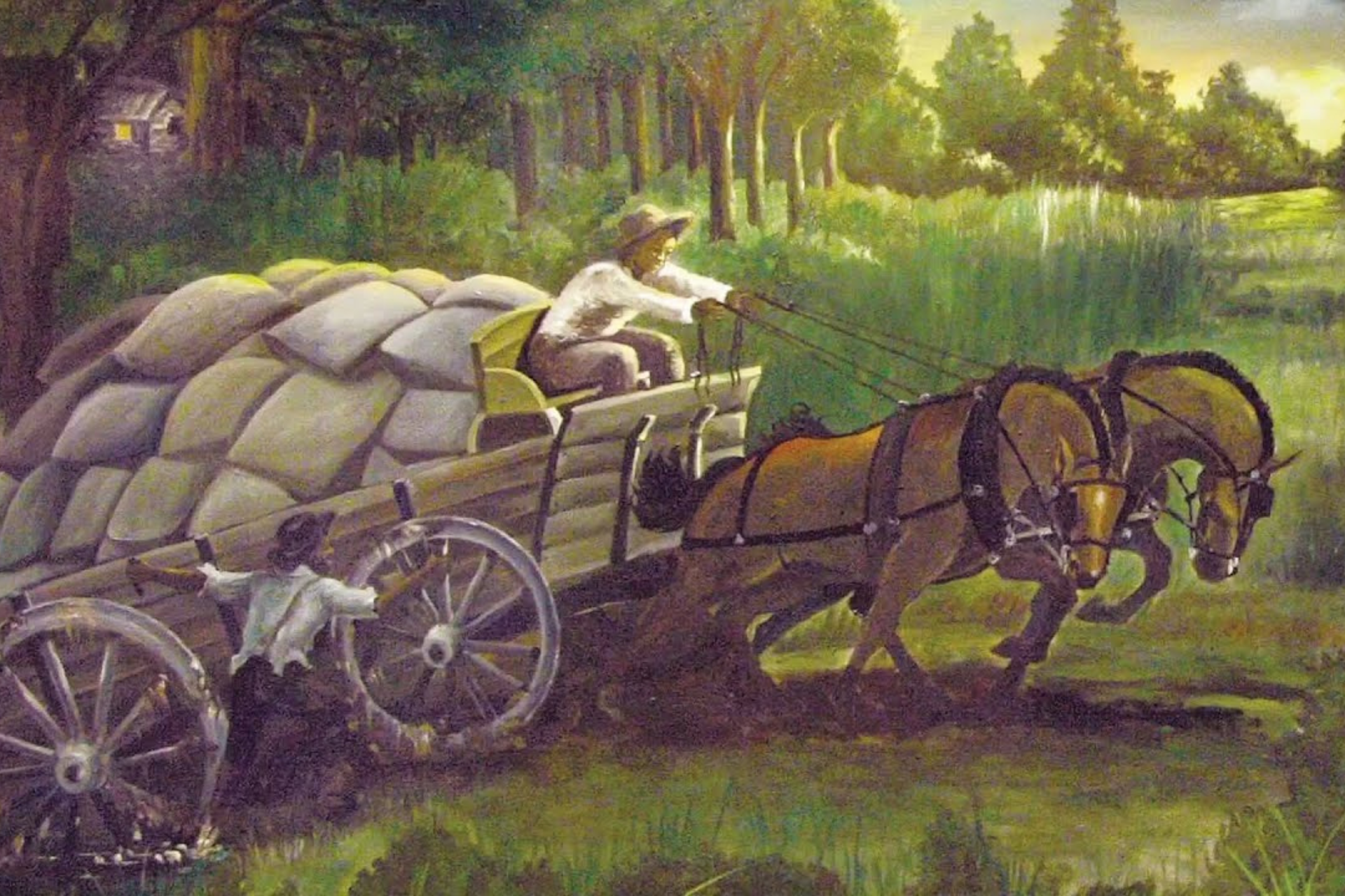 A painting depicting a horse-drawn wagon with two people, one driving and one riding, in a rural setting.