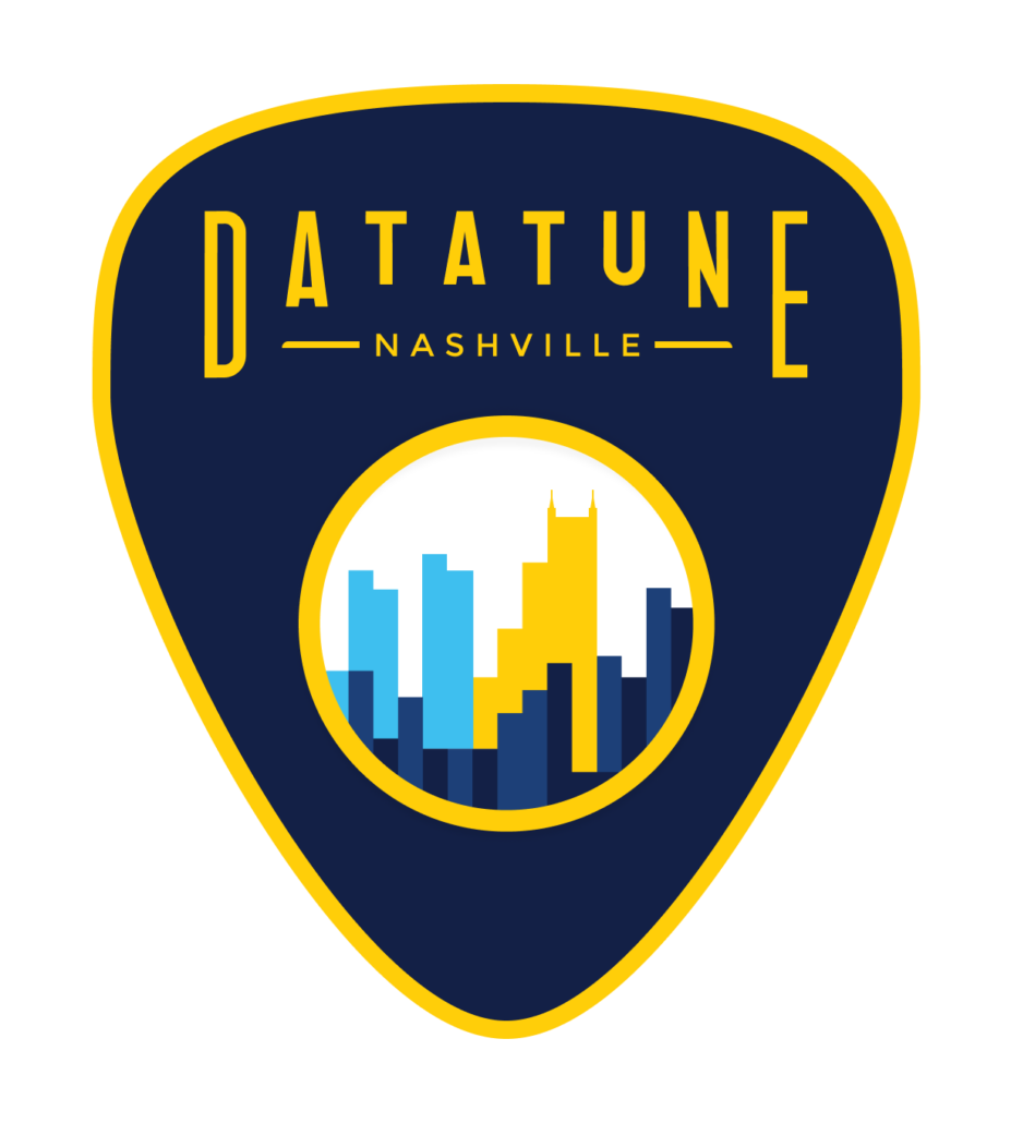 The image features a badge-shaped logo with the word "datatune" prominently displayed in the center, suggesting a connection to music or entertainment. The badge is set against a backdrop that includes a city skyline and a stylized depiction of a cityscape. The overall design is sleek and modern, with a color scheme that includes shades of blue, yellow, and white.