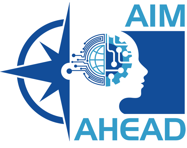 Aim ahead logo with compass and globe, set against blue background.