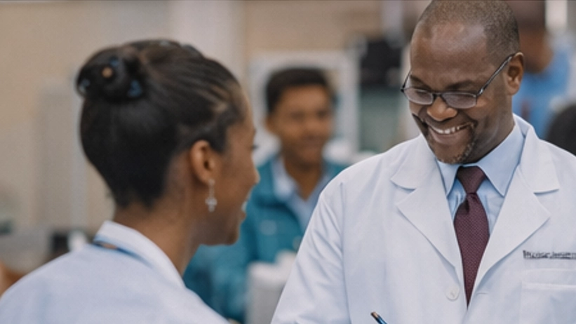 Adult student and man in white coat