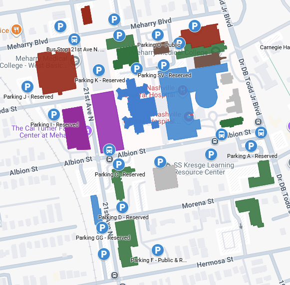 Map of parking spaces with blue and red markers.