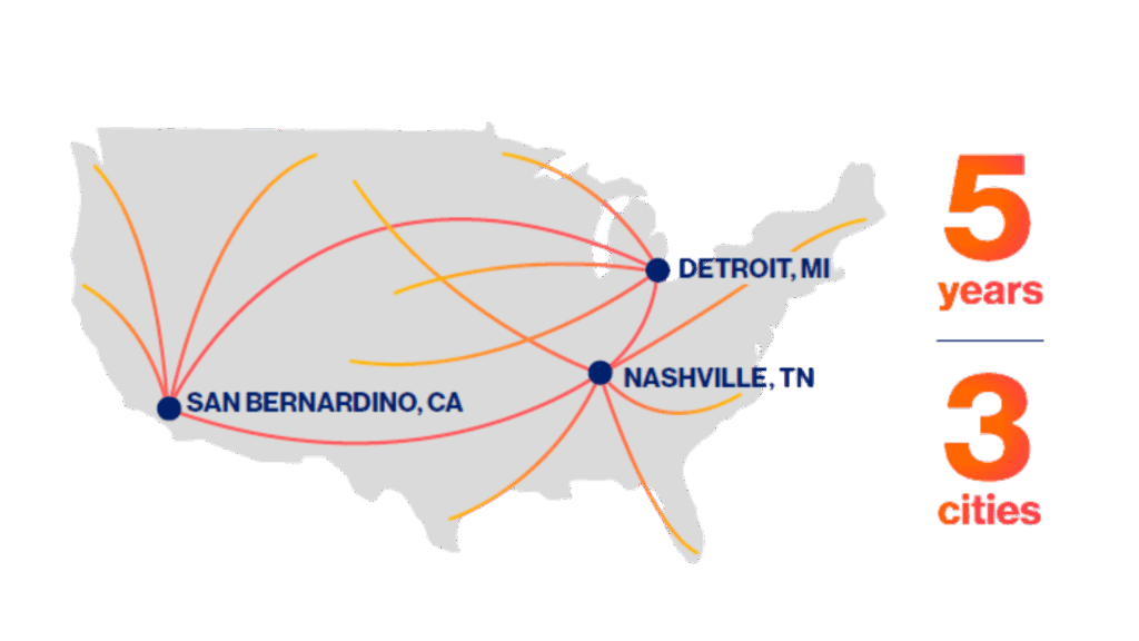 Map of the united states with highlighted cities.