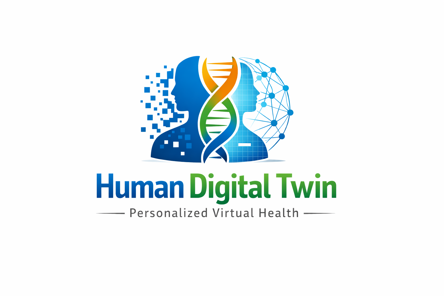 Human Digital Twin Banner Image, an abstract image of two people and a data visualization.
