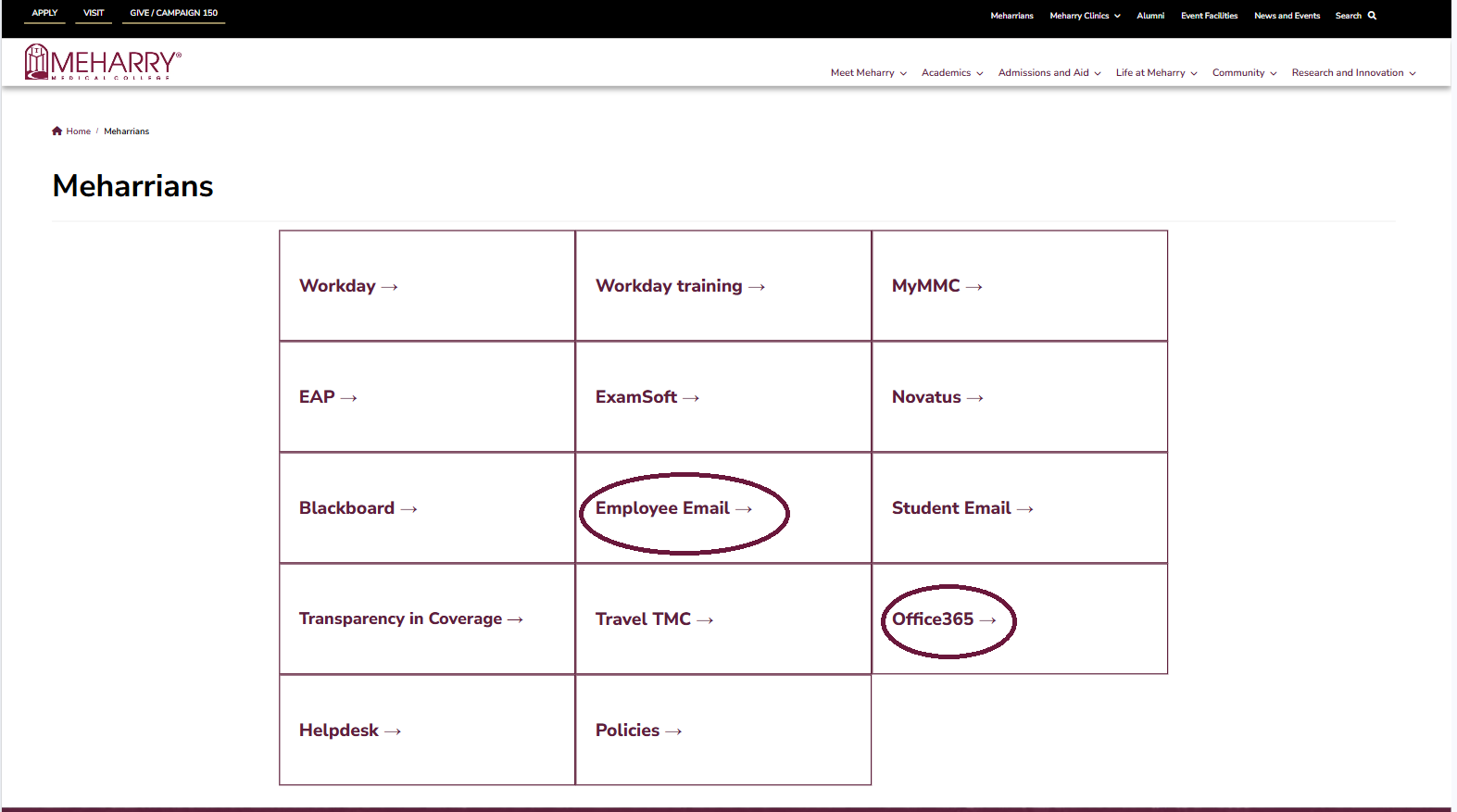 image of Meharrians webpage with Employee Email and Office365 circled.