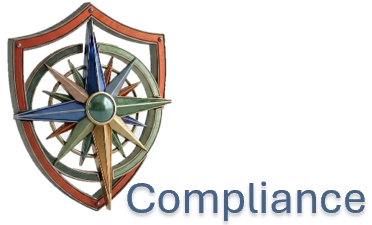 An abstract image similar to a compass over a shield, includes the word Compliance