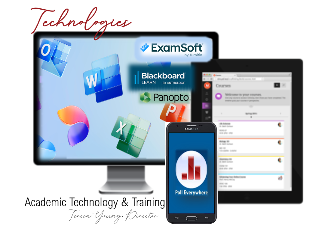 A mix of digital devices with Academic Technology and Training in the bottom left.