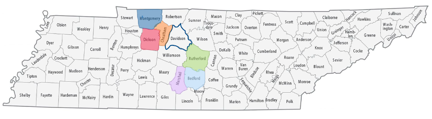 Tennessee map with Bedford, Rutherford, Montgomery, Cheatham, Dickson and Marshall counities highlighted.